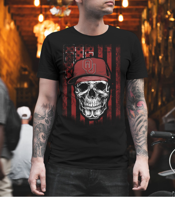 Skull with Oklahoma Sooners OU Cap on Distressed Red and Black Flag Background T-Shirt Skull with Oklahoma Sooners OU Cap on Distressed Red and Black Flag Background T-Shirt