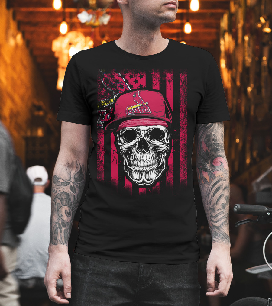 Skull St. Louis Cardinals Hat with American Flag Background T-Shirt