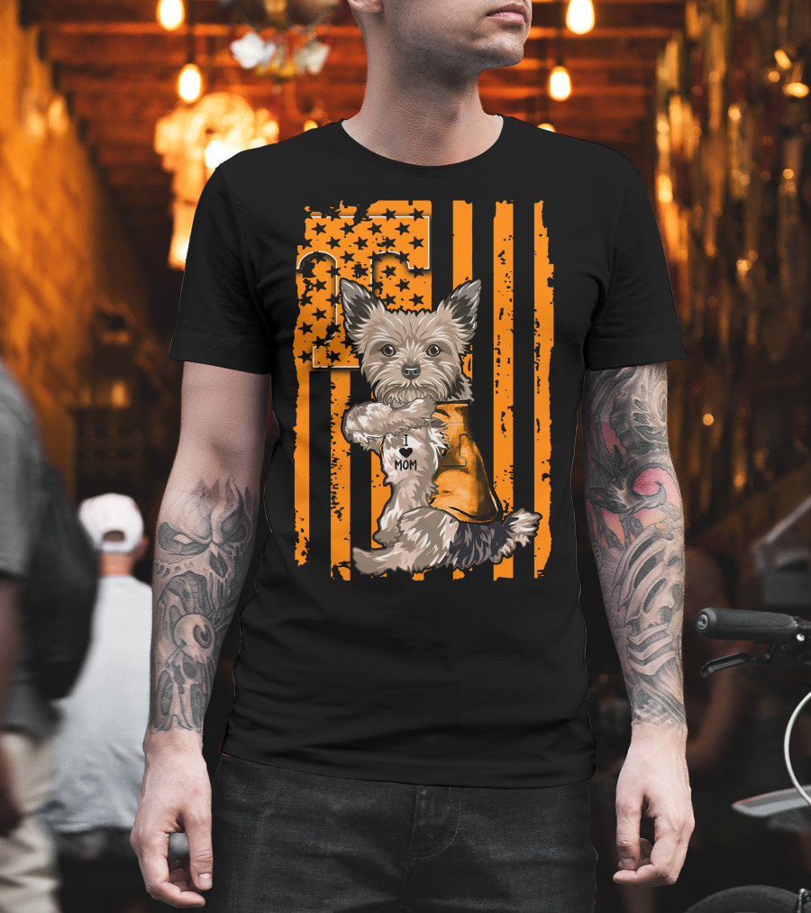 Yorkshire Terrier I Love Mom Tennessee Volunteers Orange Stars And Stripes Football Flag T-Shirt