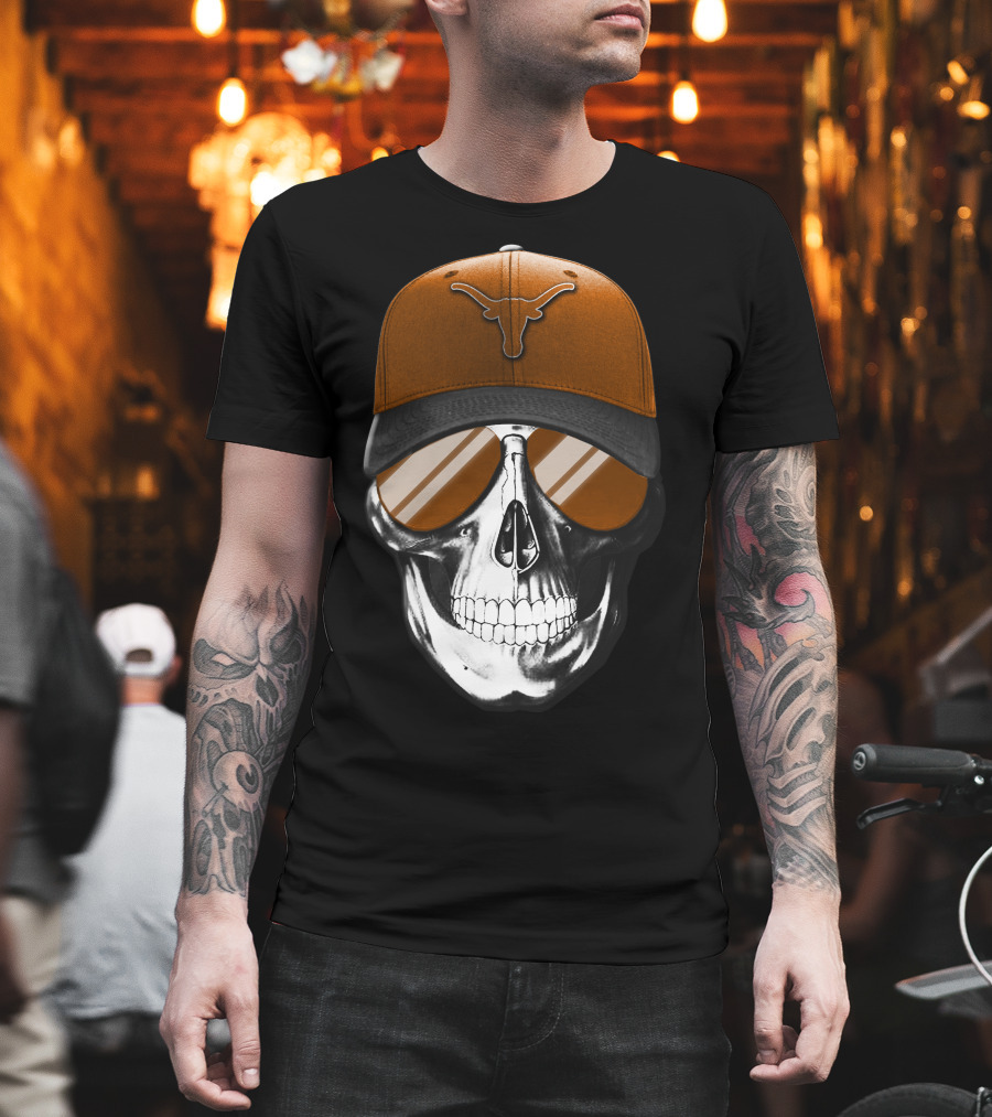 Skull With Texas Longhorns Cap And Sunglasses T-Shirt