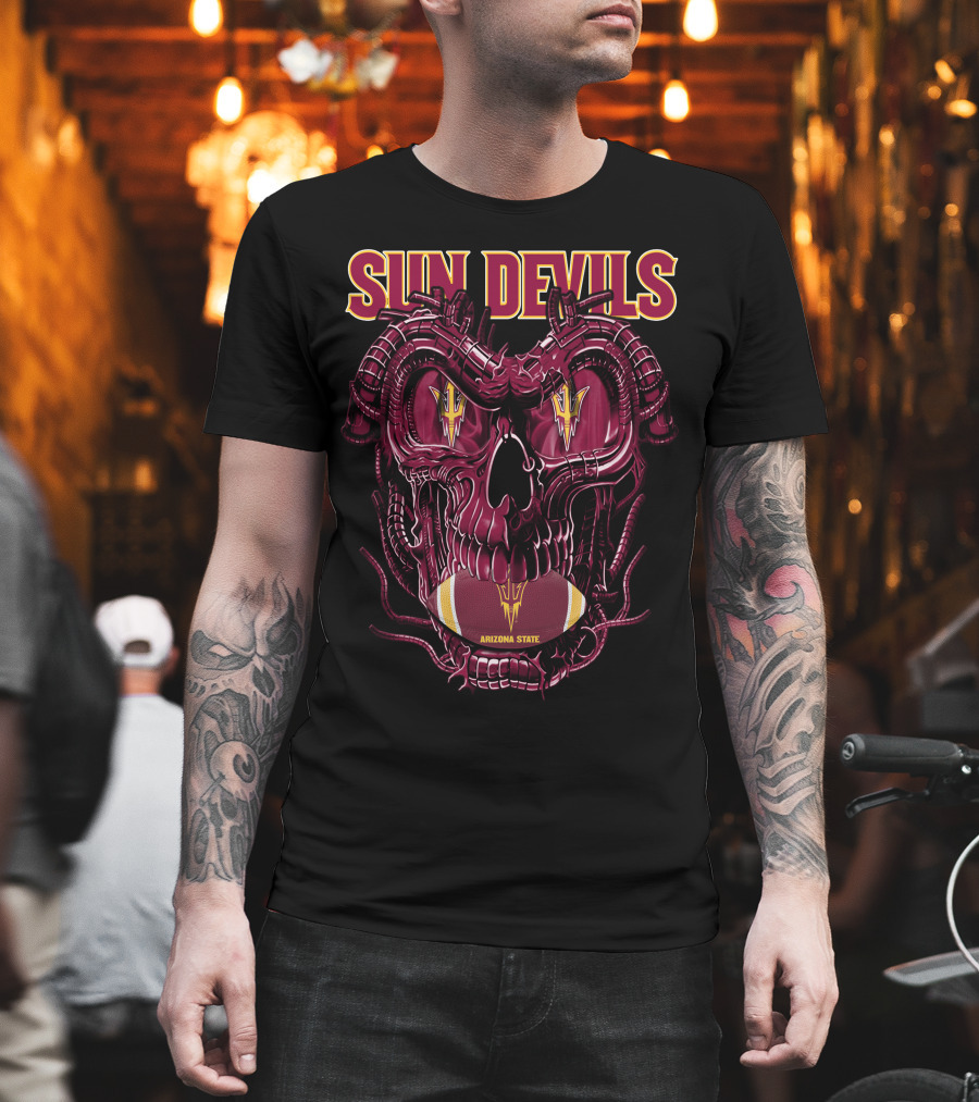 Arizona State Sun Devils Skull With Football Motif T-Shirt