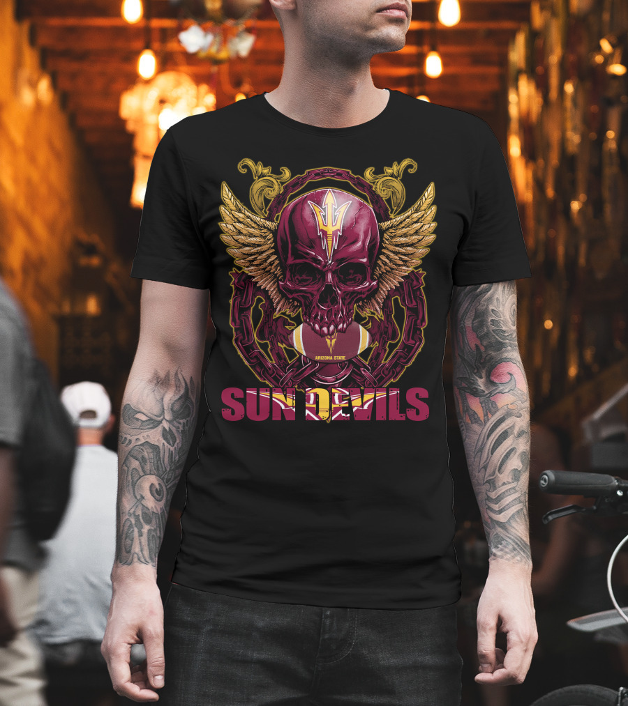Arizona State Sun Devils Skullfb Winged Skull Football T-Shirt