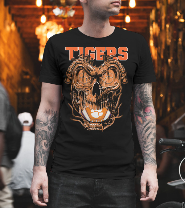 Clemson Tigers Mechanical Dragonskull with Football Elements T-Shirt Clemson Tigers Mechanical Dragonskull with Football Elements T-Shirt