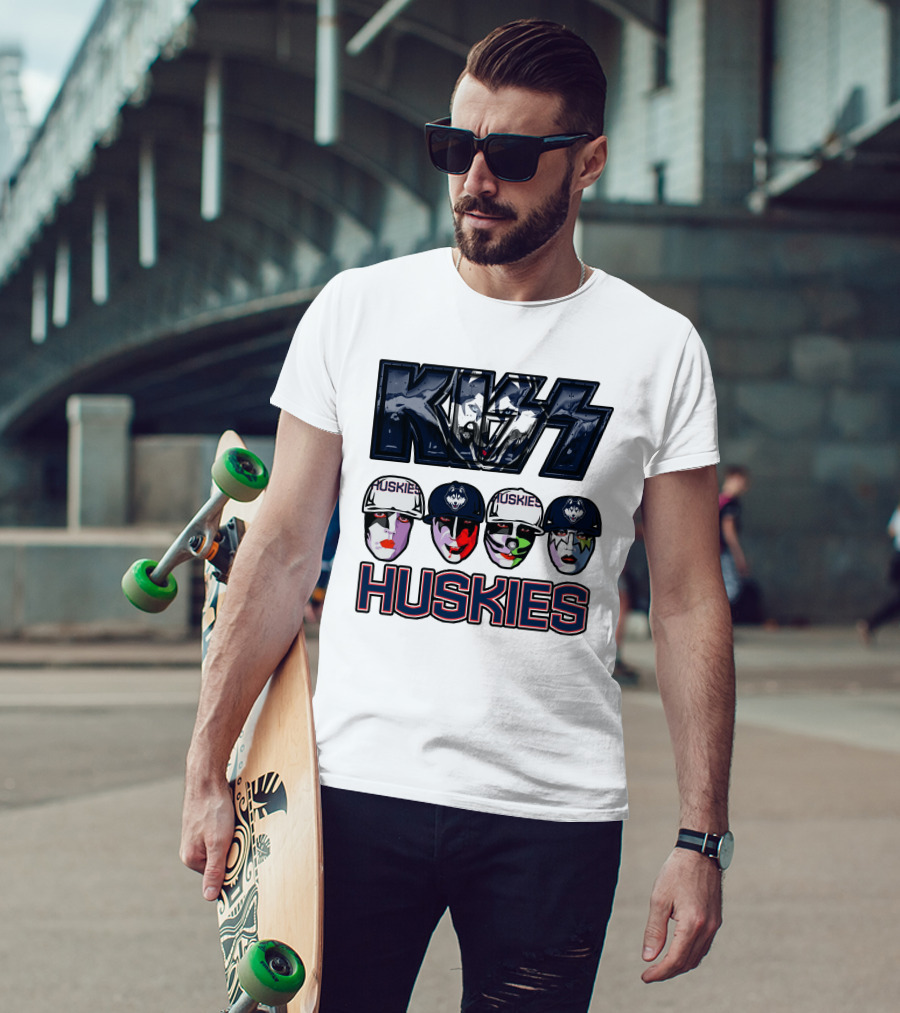 Kiss Band Style Logo With Connecticut Huskies Faces And Hats T-Shirt
