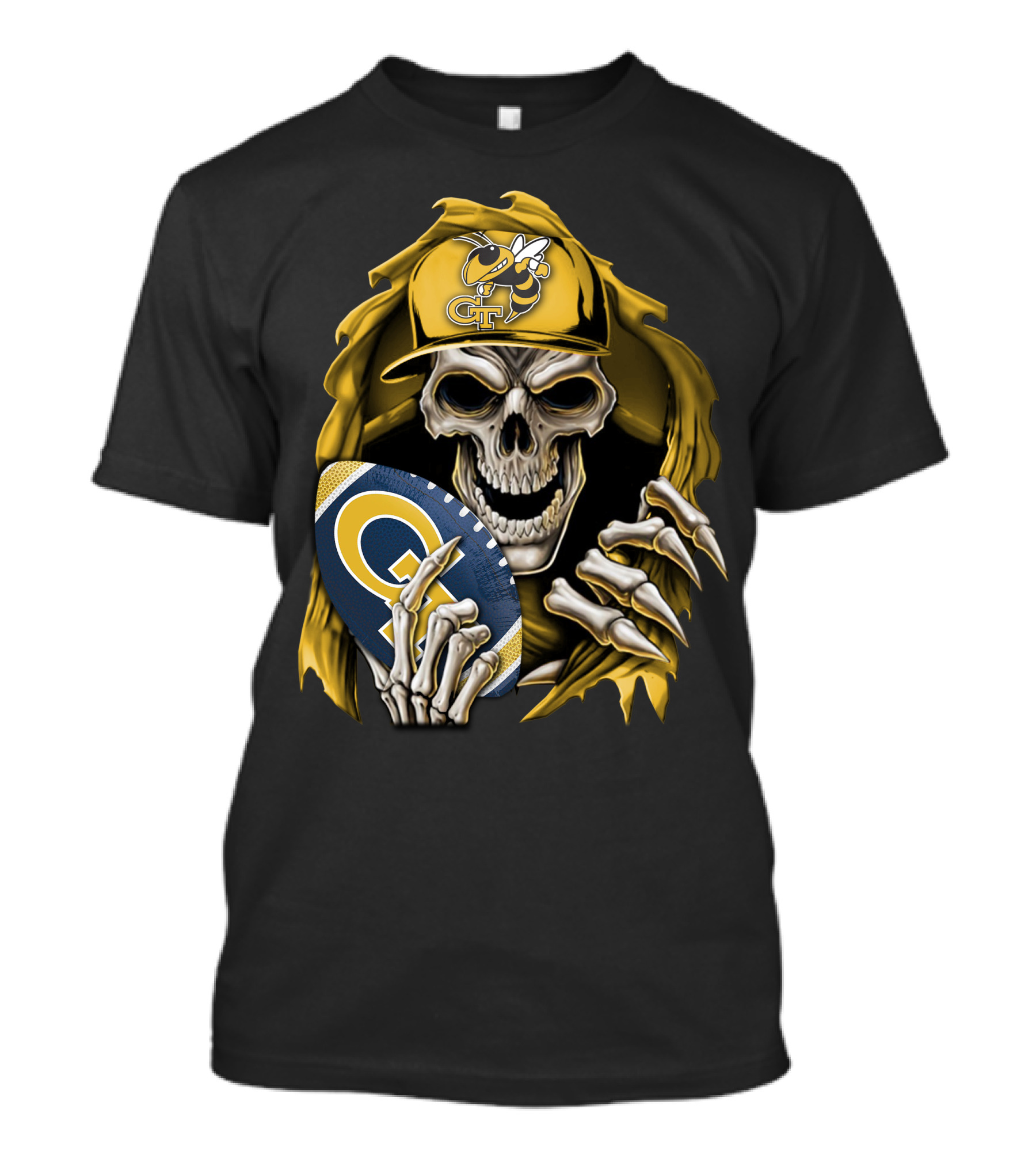 Skullbong Georgia Tech Yellow Jackets Grim Reaper Holding GT Football With Yellow Jacket Cap T-Shirt