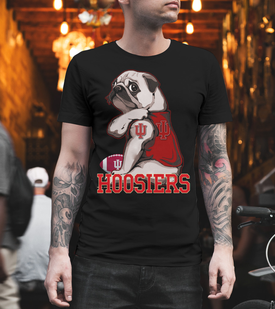 Pug Wearing Indiana Hoosiers Football Jersey With IU T-Shirt
