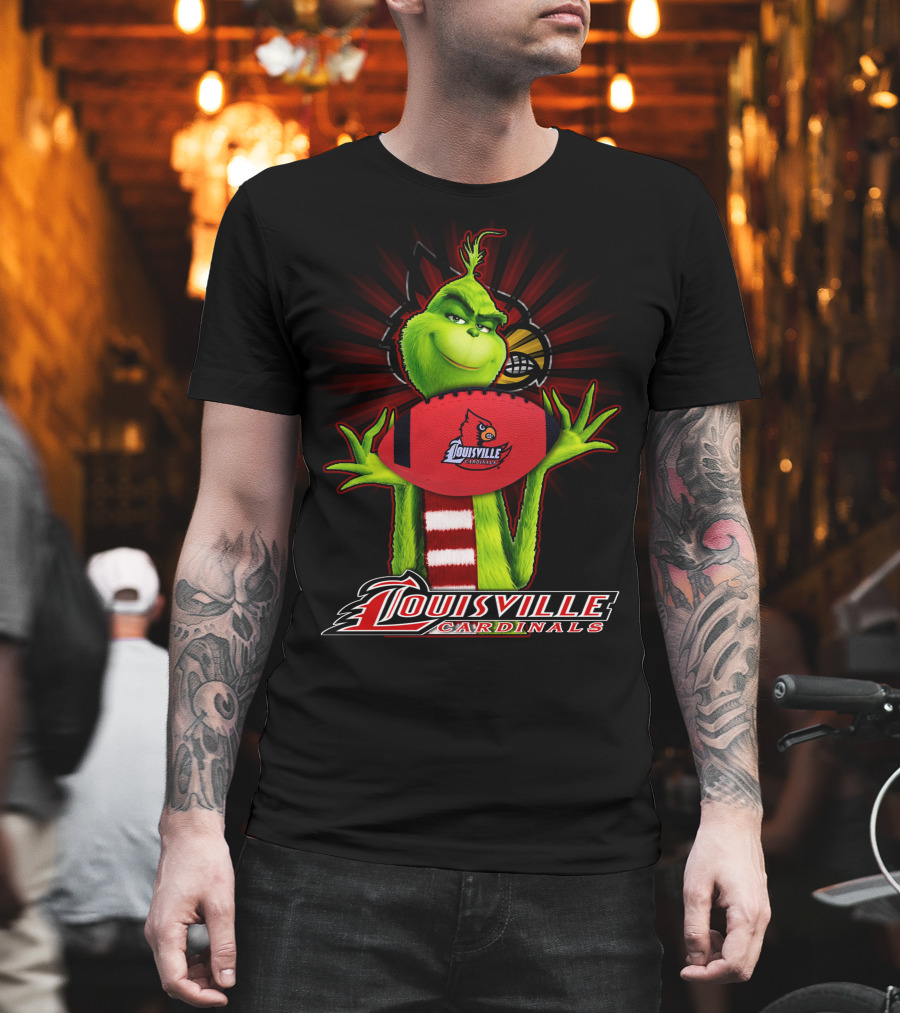 Grinch Holding Louisville Cardinals Football T-Shirt