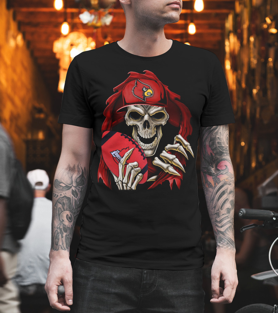 Skullbong Louisville Cardinals Skeleton with Football and Cap T-Shirt