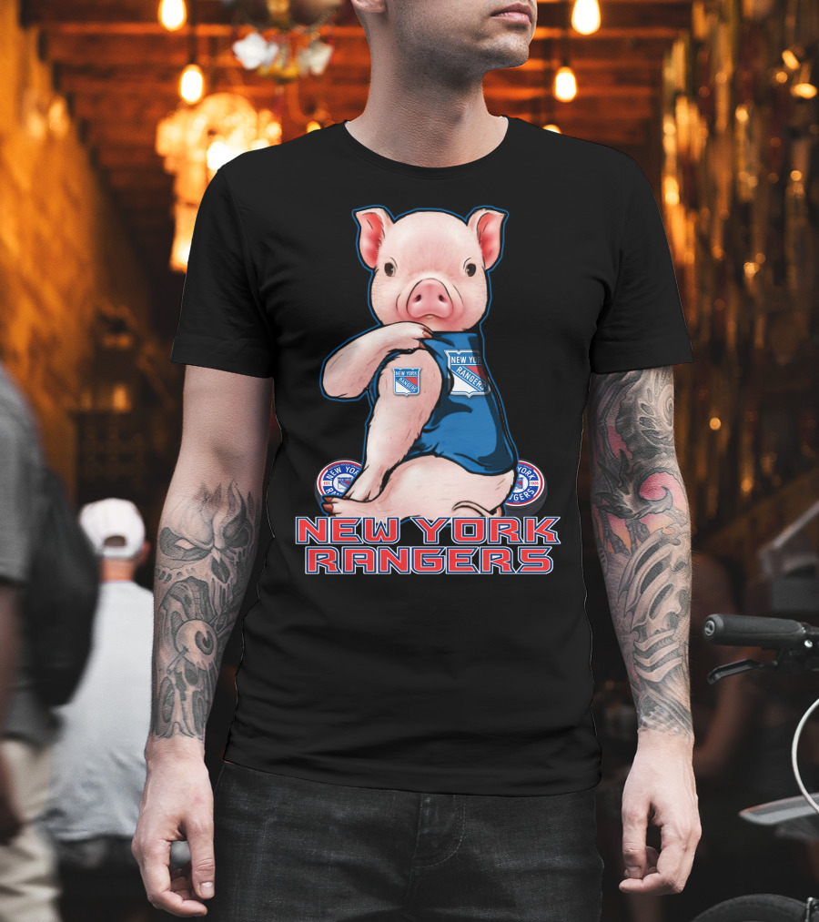 Pig Wearing New York Rangers Blue Logo T-Shirt
