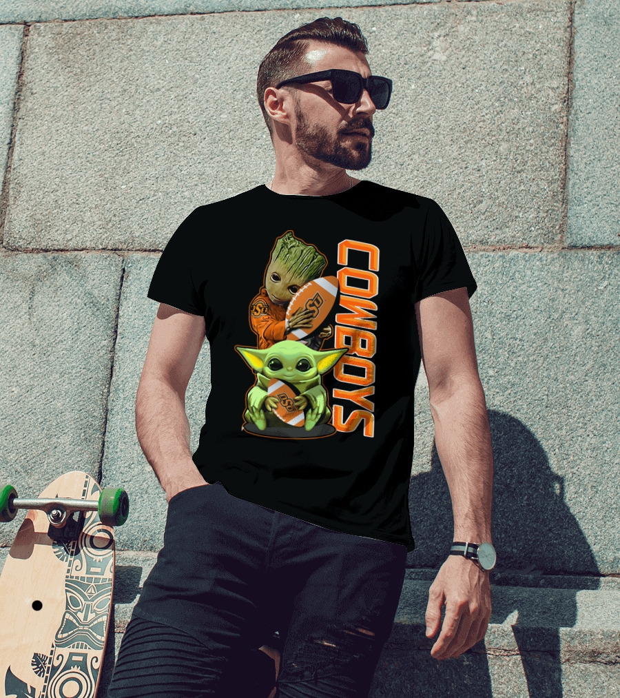 Grzd Oklahoma State Cowboys Groot Baby Yoda Football T-Shirt