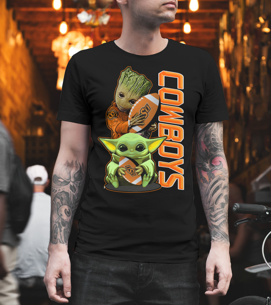 Grzd Oklahoma State Cowboys Groot Baby Yoda Football T-Shirt