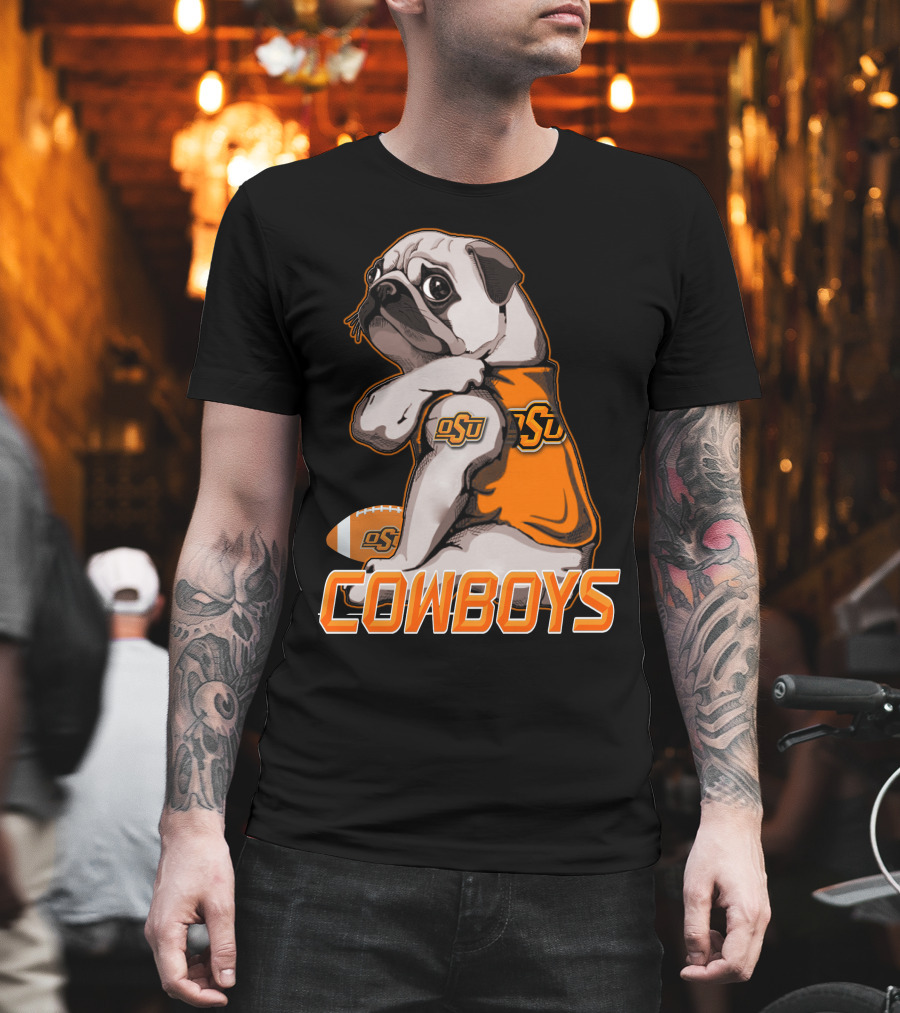 OSU Pug with Football and Cowboys Text T-Shirt