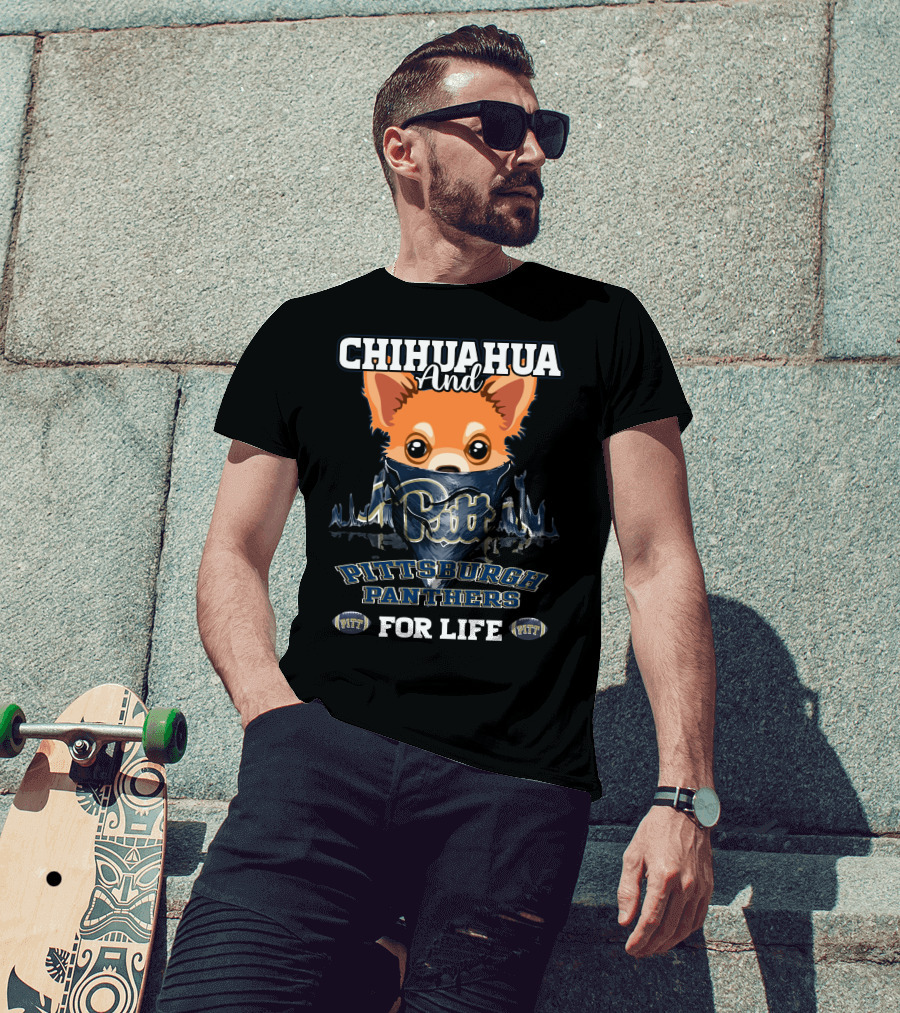 Chihuahua And Pittsburgh Panthers For Life With Pitt Bandana And Helmets T-Shirt