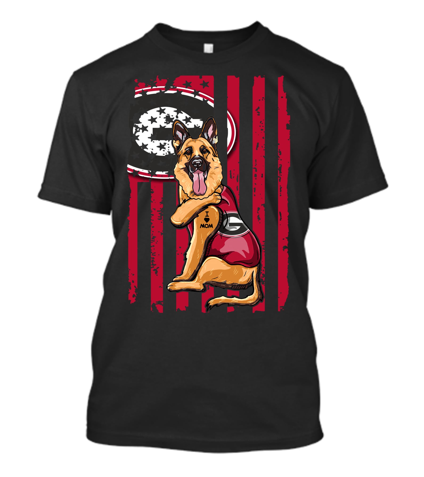 German Shepherd Georgia Bulldogs I Love Mom With Flag Background T-Shirt