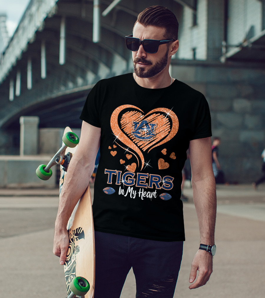 Tigers In My Heart Auburn University Logo With Glitter Hearts T-Shirt