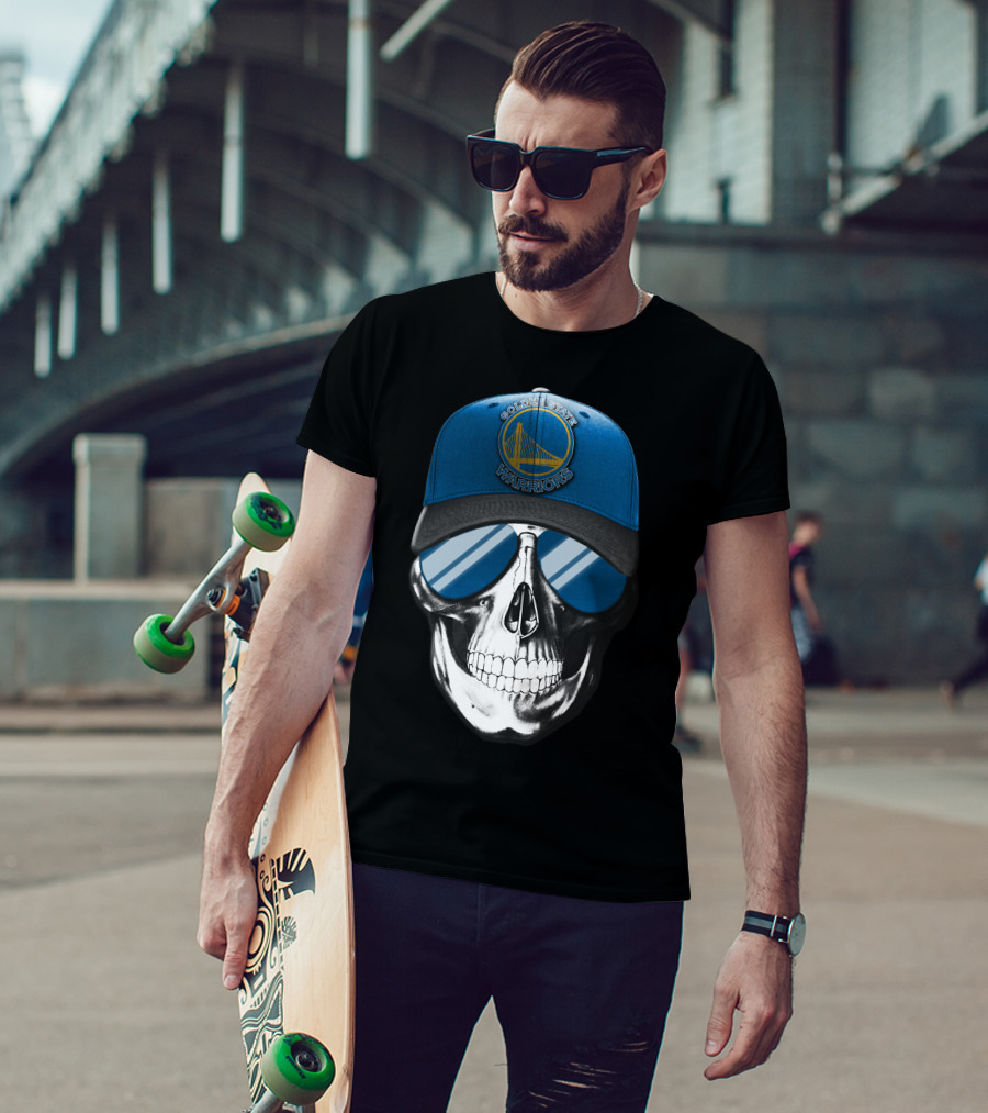 Golden State Warriors Skull With Blue Cap And Sunglasses T-Shirt
