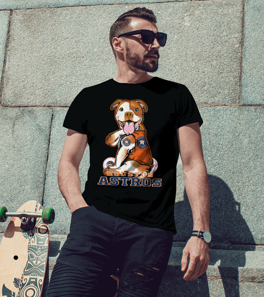 Pittbull Wearing Houston Astros Logo With Baseballs T-Shirt