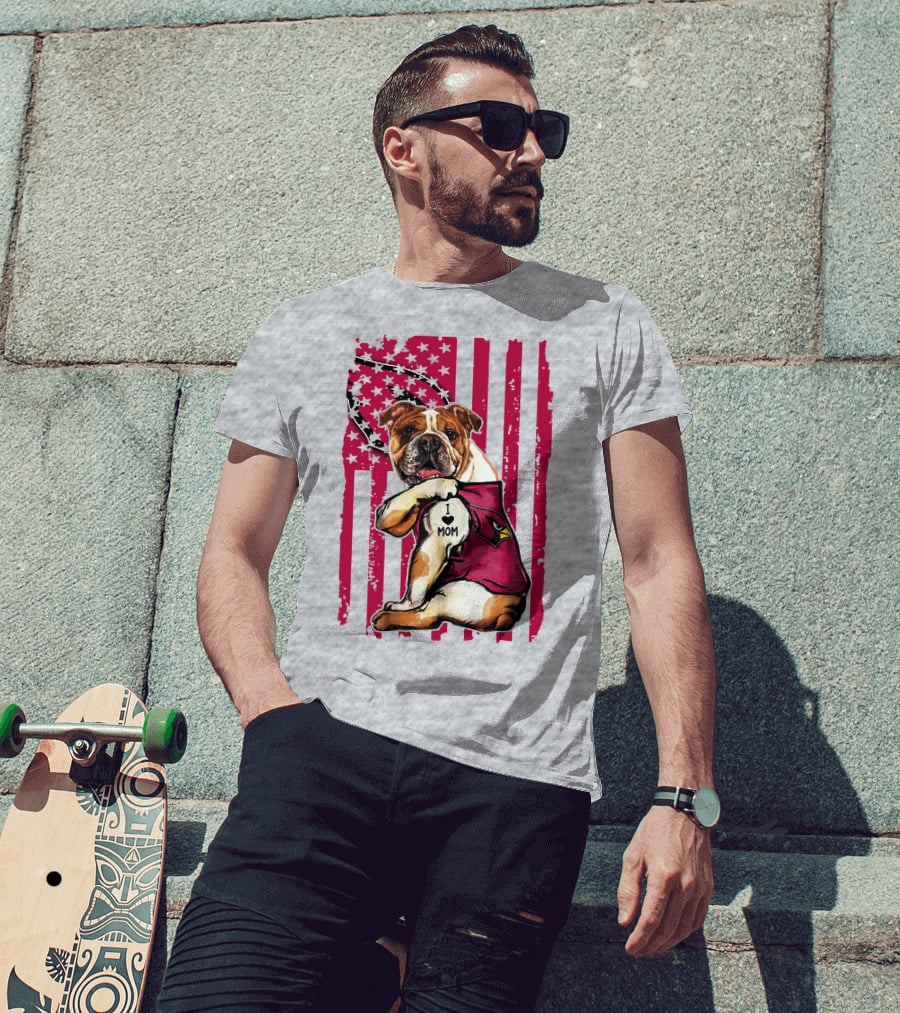 Bulldog In Arizona Cardinals Shirt With I Love Mom Tattoo And American Flag Backdrop T-Shirt