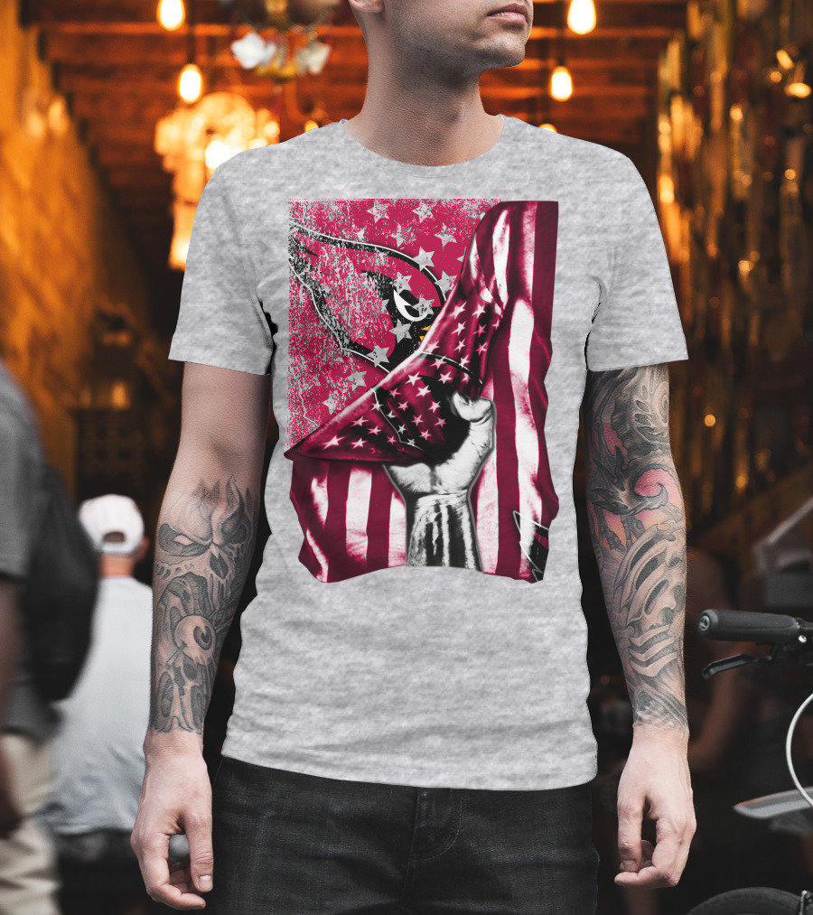 Arizona Cardinals Hand Holding American Flag with Cardinal Logo Stars T-Shirt