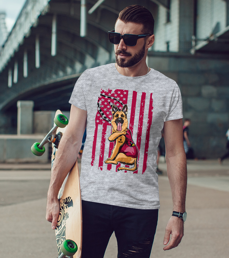 German Shepherd Wearing Arizona Cardinals Jersey With American Flag Background T-Shirt