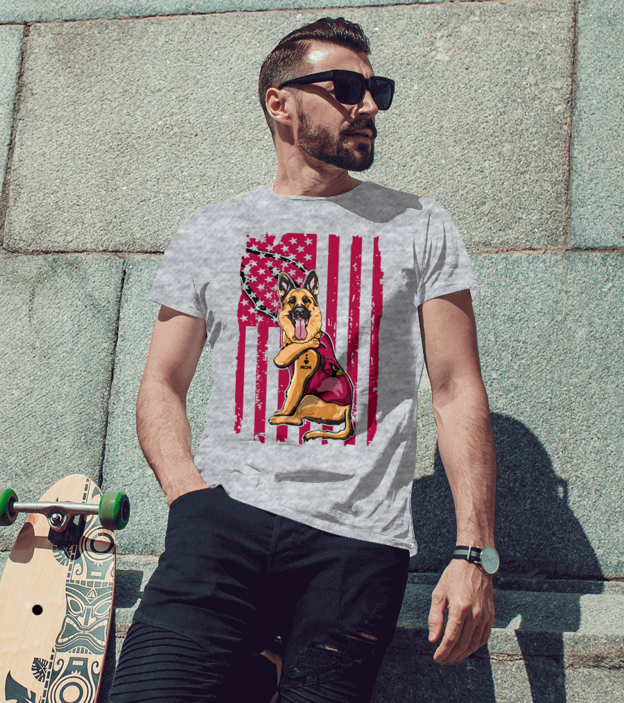 German Shepherd Wearing Arizona Cardinals Jersey With American Flag Background T-Shirt