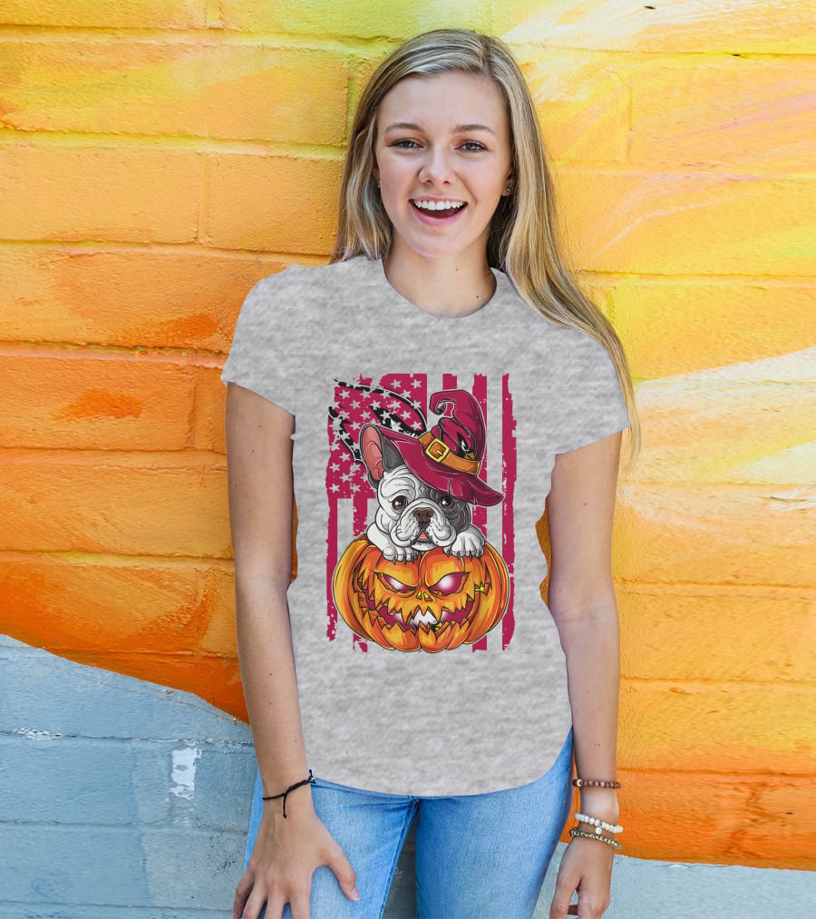Hlw Bulldog Witch Hat Pumpkin Stars Stripes T-Shirt