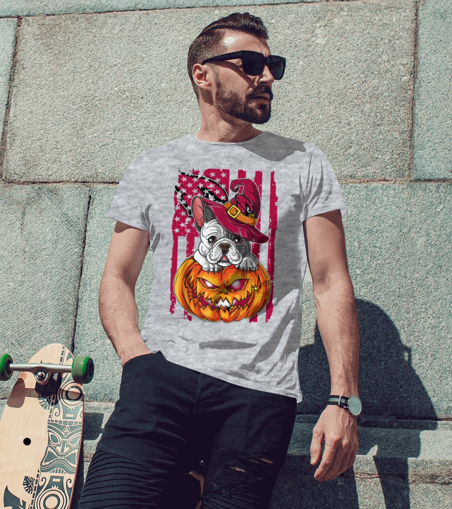 Hlw Bulldog Witch Hat Pumpkin Stars Stripes T-Shirt
