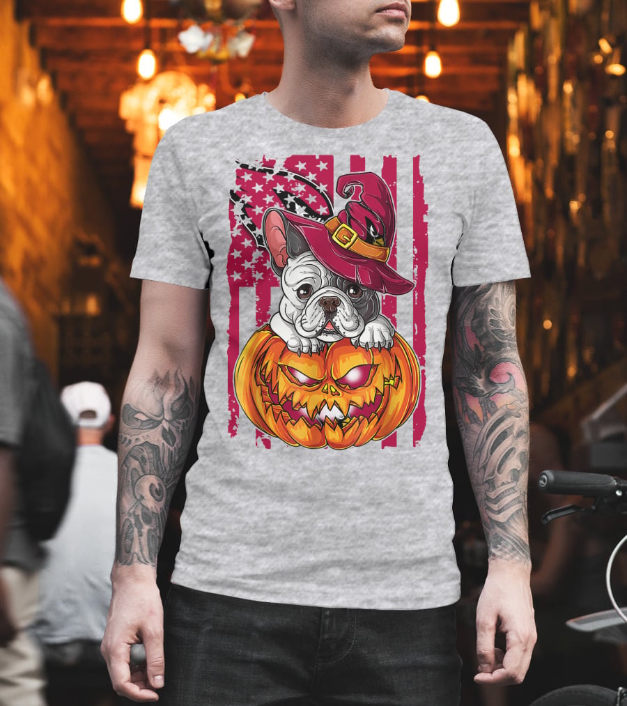 Hlw Bulldog Witch Hat Pumpkin Stars Stripes T-Shirt