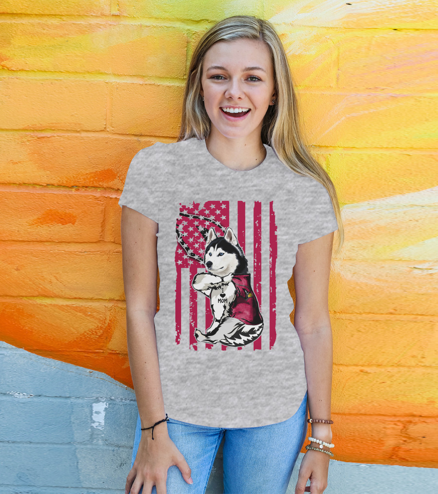 Siberian Husky I Love Mom Arizona Cardinals American Flag T-Shirt