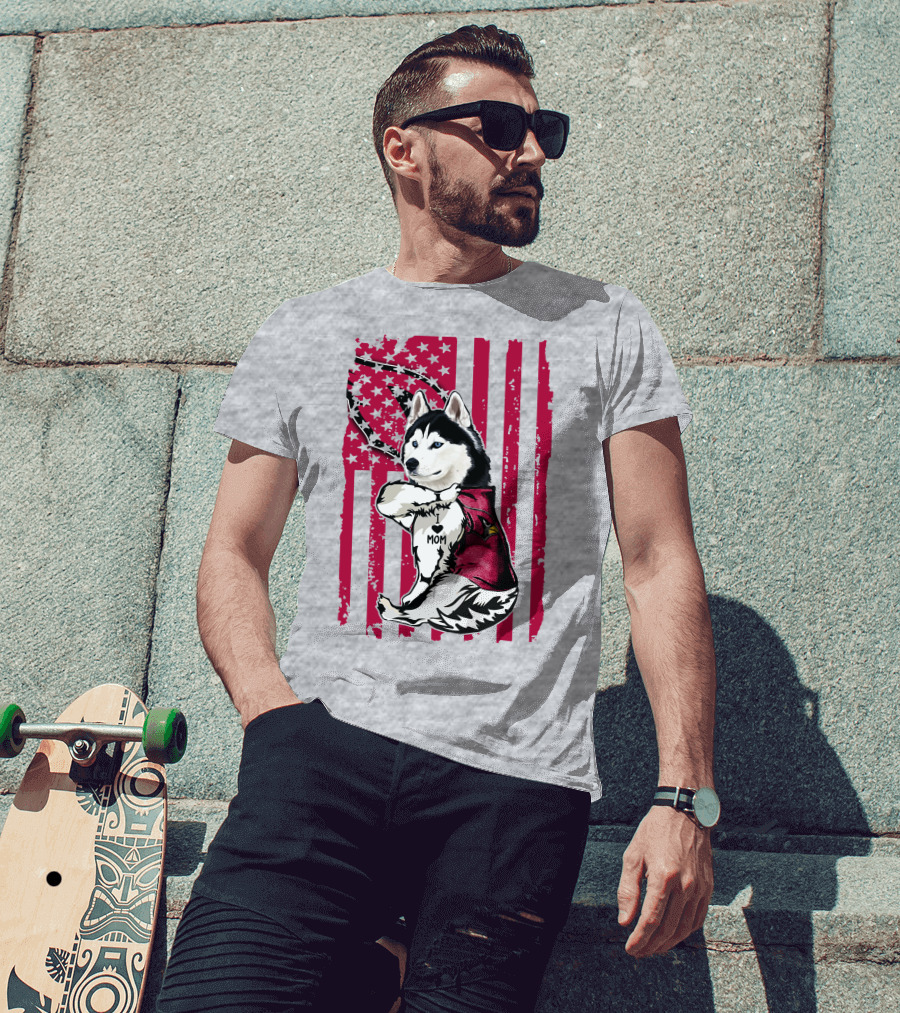 Siberian Husky I Love Mom Arizona Cardinals American Flag T-Shirt