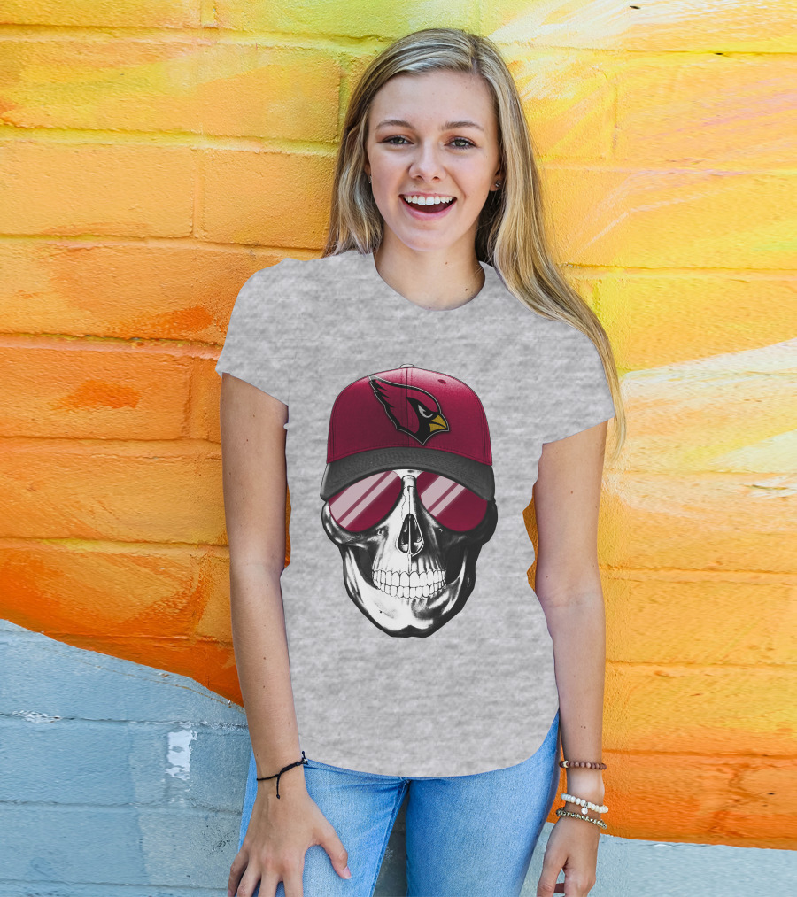 Skull V7 Arizona Cardinals Logo Hat And Sunglasses T-Shirt