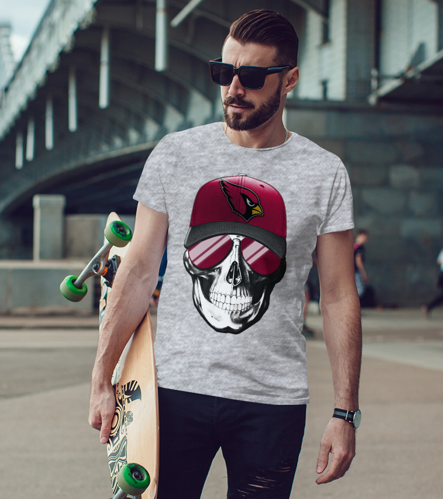 Skull V7 Arizona Cardinals Logo Hat And Sunglasses T-Shirt