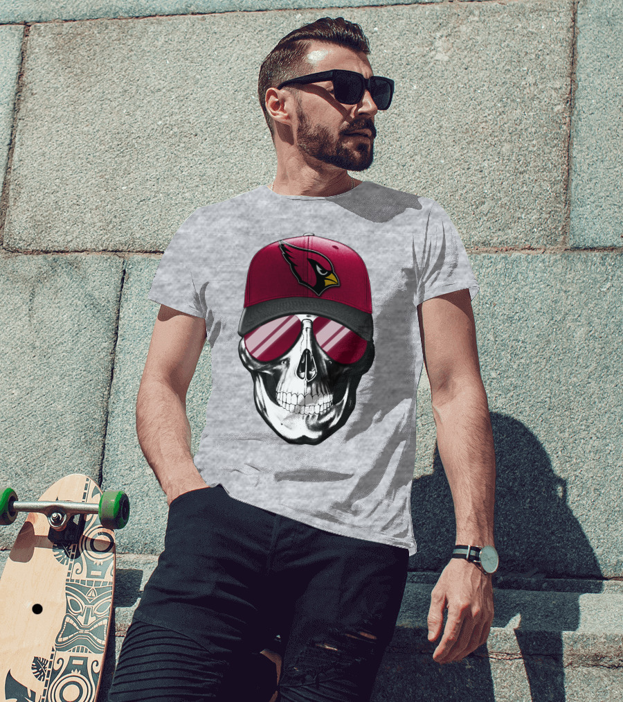 Skull V7 Arizona Cardinals Logo Hat And Sunglasses T-Shirt