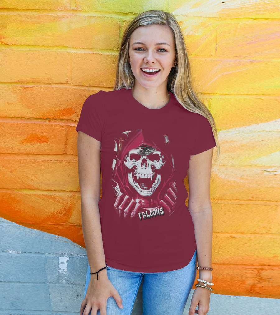 Atlanta Falcons Skull In Red Hood With Logo Elements T-Shirt