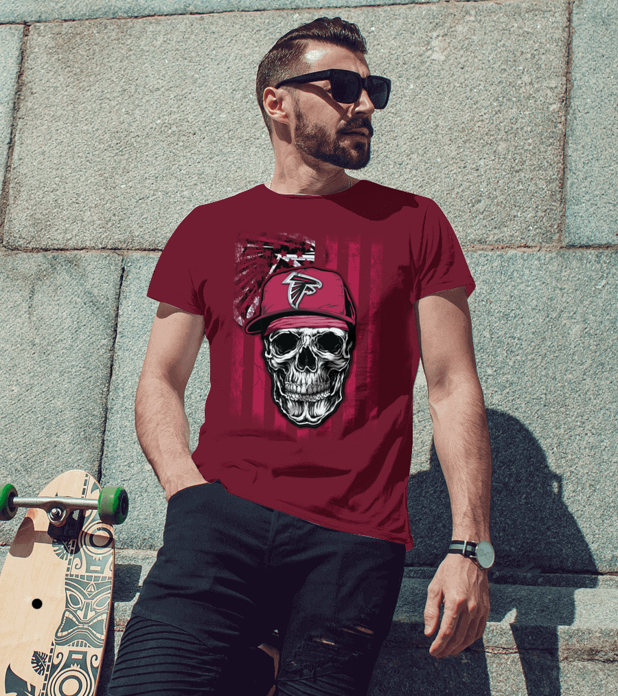 Skull V1 Atlanta Falcons Cap With Falcons Logo And Grunge Stripes T-Shirt