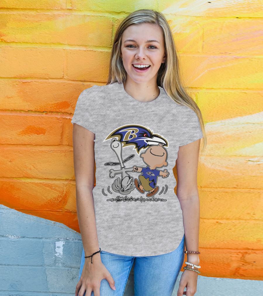 Baltimore Ravens Snoopy Dance With Logo And Characters T-Shirt
