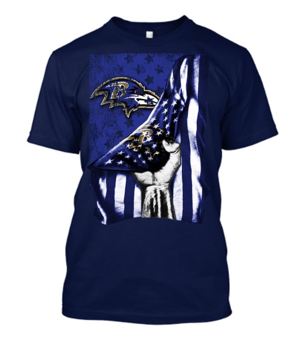 Fist Holding American Flag With Baltimore Ravens Logo And Stars T-Shirt