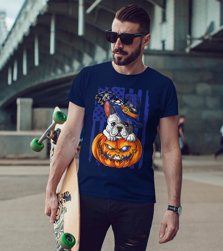 Bulldog In Wizard Hat On Jack-o'-Lantern With Baltimore Ravens T-Shirt