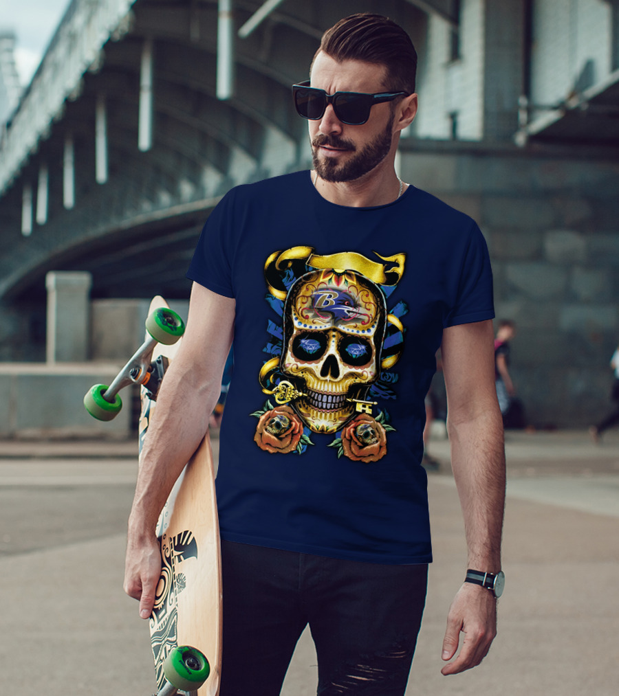 Baltimore Ravens Sugar Skull Art With Roses And Ribbon T-Shirt