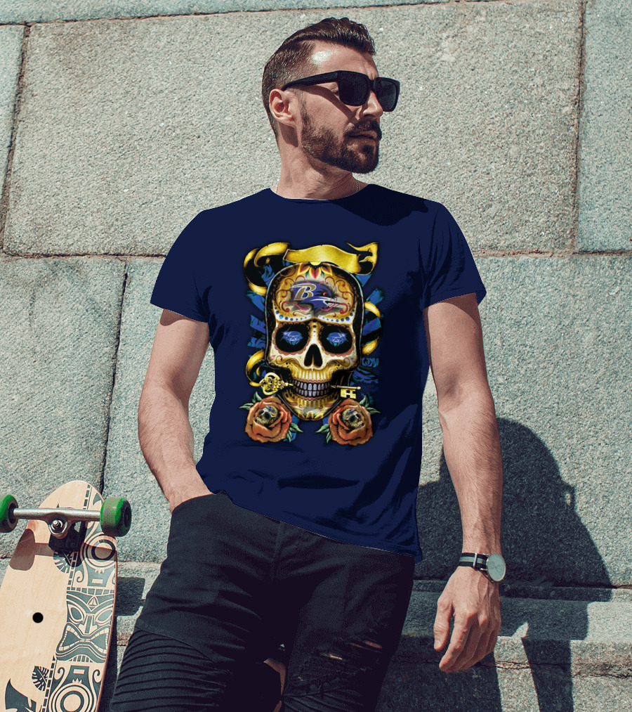 Baltimore Ravens Sugar Skull Art With Roses And Ribbon T-Shirt