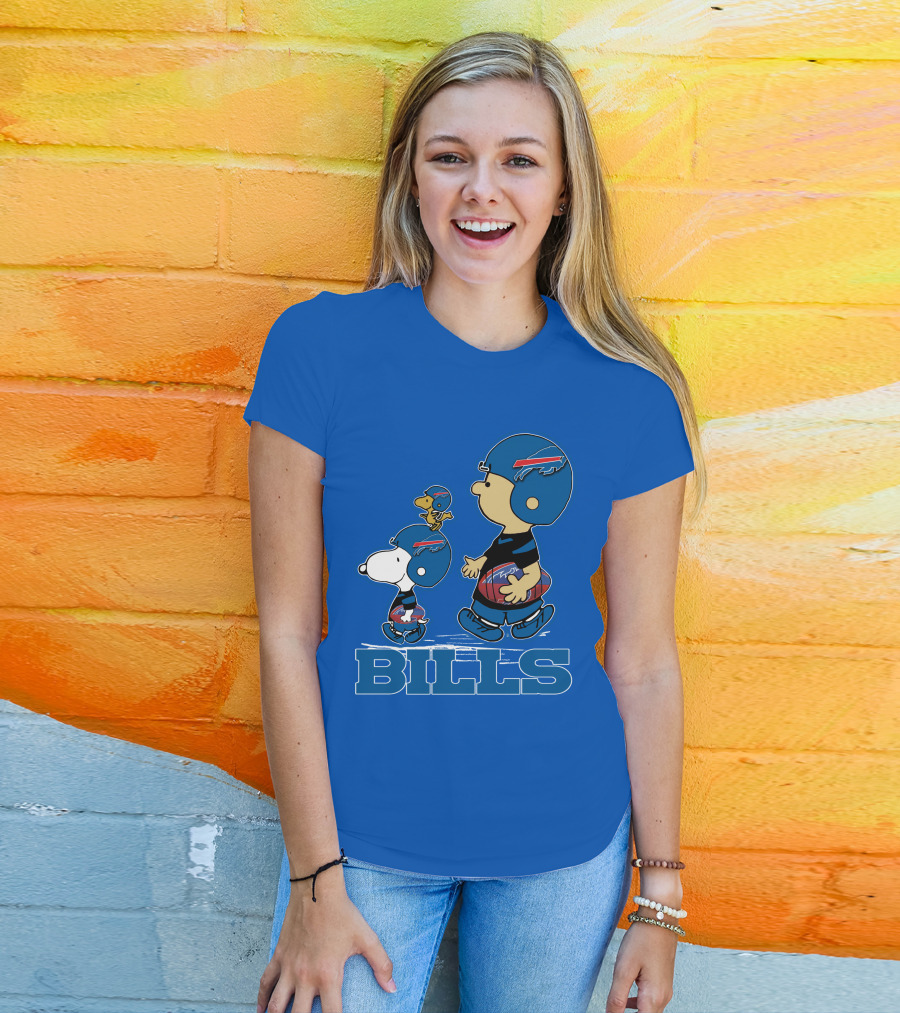 Snpfootball Buffalo Bills Snoopy Woodstock Peanuts Characters With Helmets Football T-Shirt