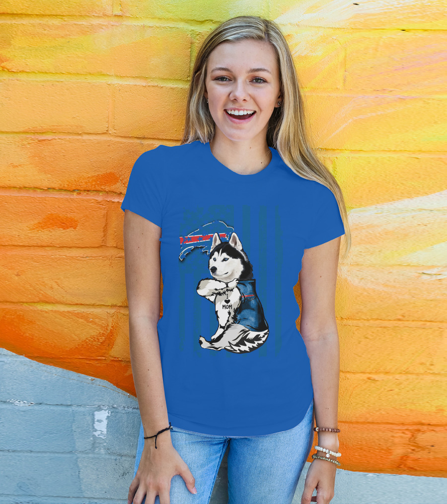 Siberian Husky Wearing Blue Buffalo Bills Vest With Heart Mom Tattoo And Flag T-Shirt