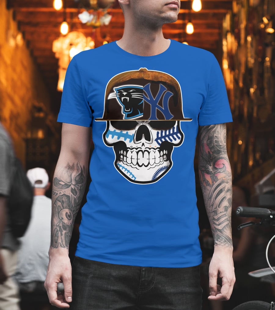 Carolina Panthers New York Yankees Skull Hat T-Shirt