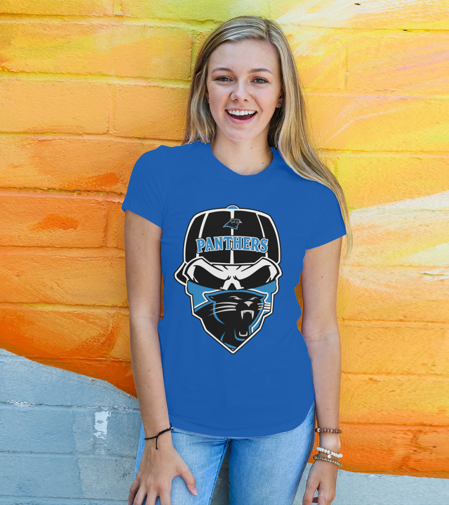 Carolina Panthers Logo And Skull With Bandana T-Shirt