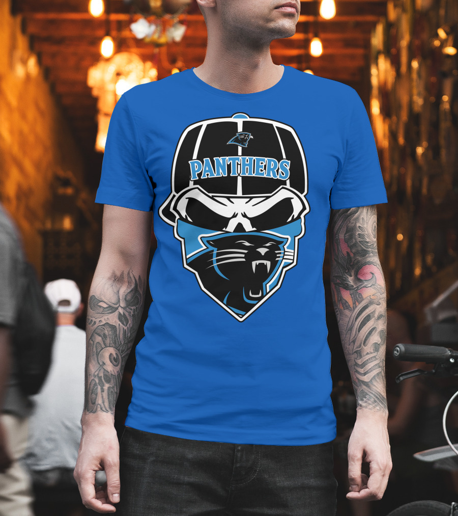 Carolina Panthers Logo And Skull With Bandana T-Shirt