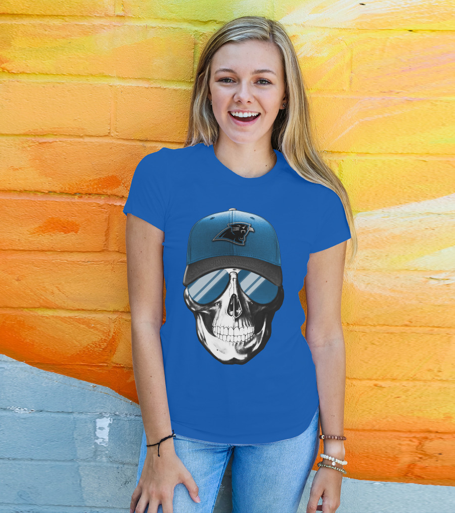 Skull Wearing Carolina Panthers Logo Hat With Reflective Sunglasses T-Shirt