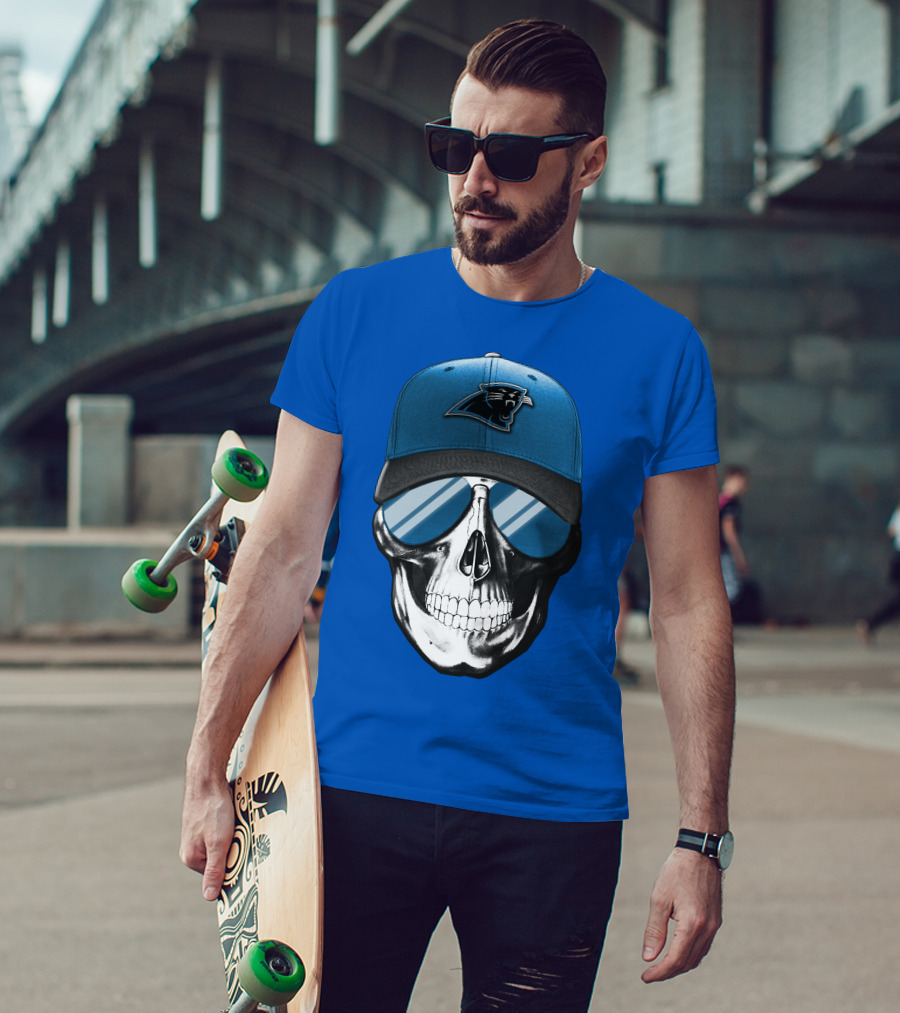 Skull Wearing Carolina Panthers Logo Hat With Reflective Sunglasses T-Shirt