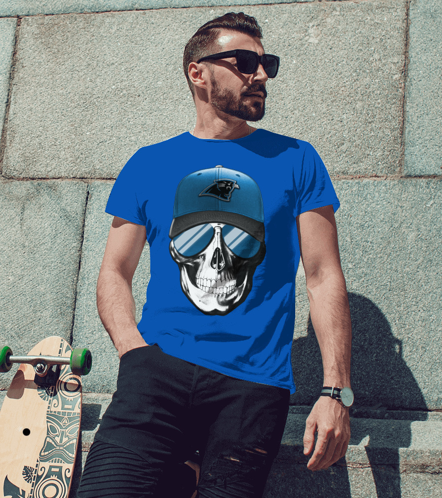 Skull Wearing Carolina Panthers Logo Hat With Reflective Sunglasses T-Shirt