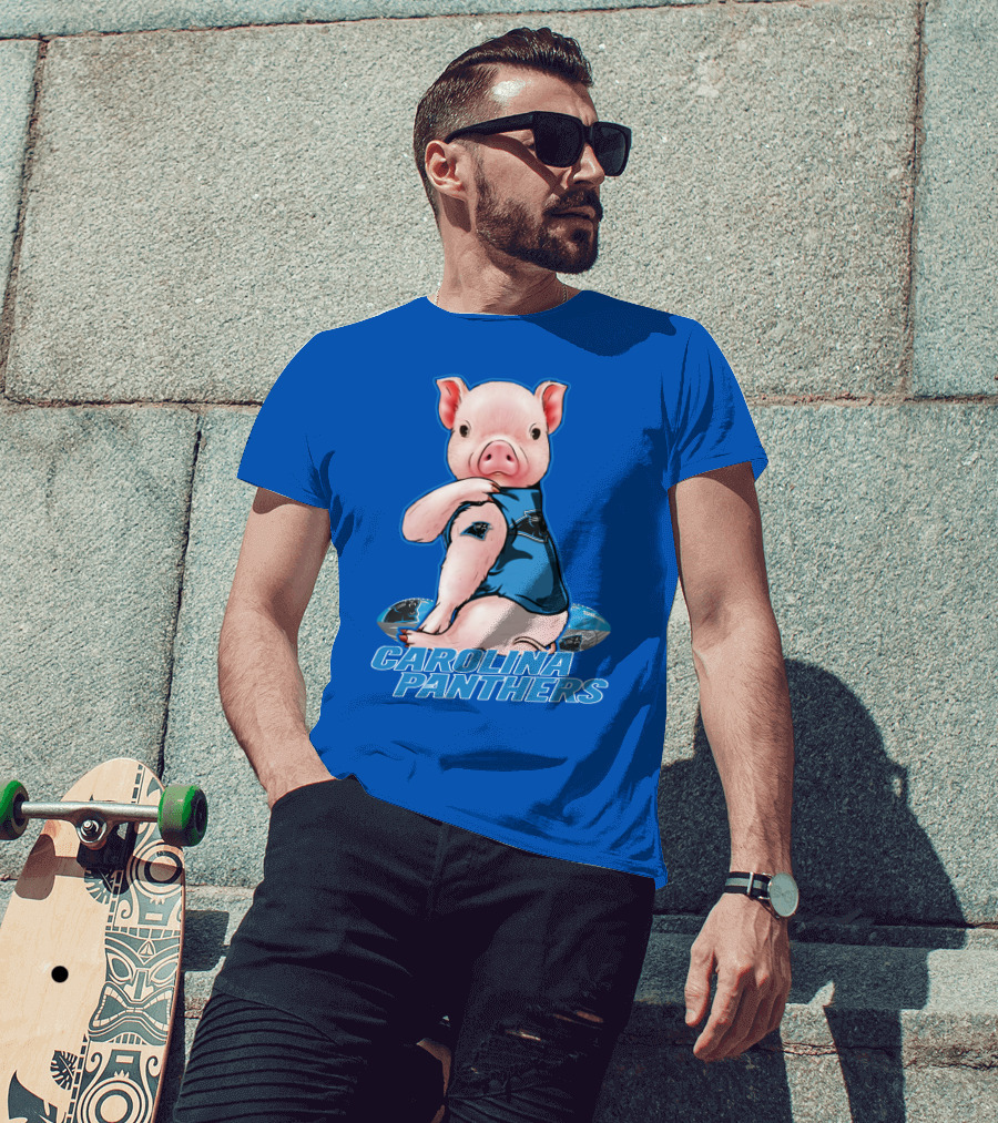 Pig Wearing Carolina Panthers Jersey With Football T-Shirt