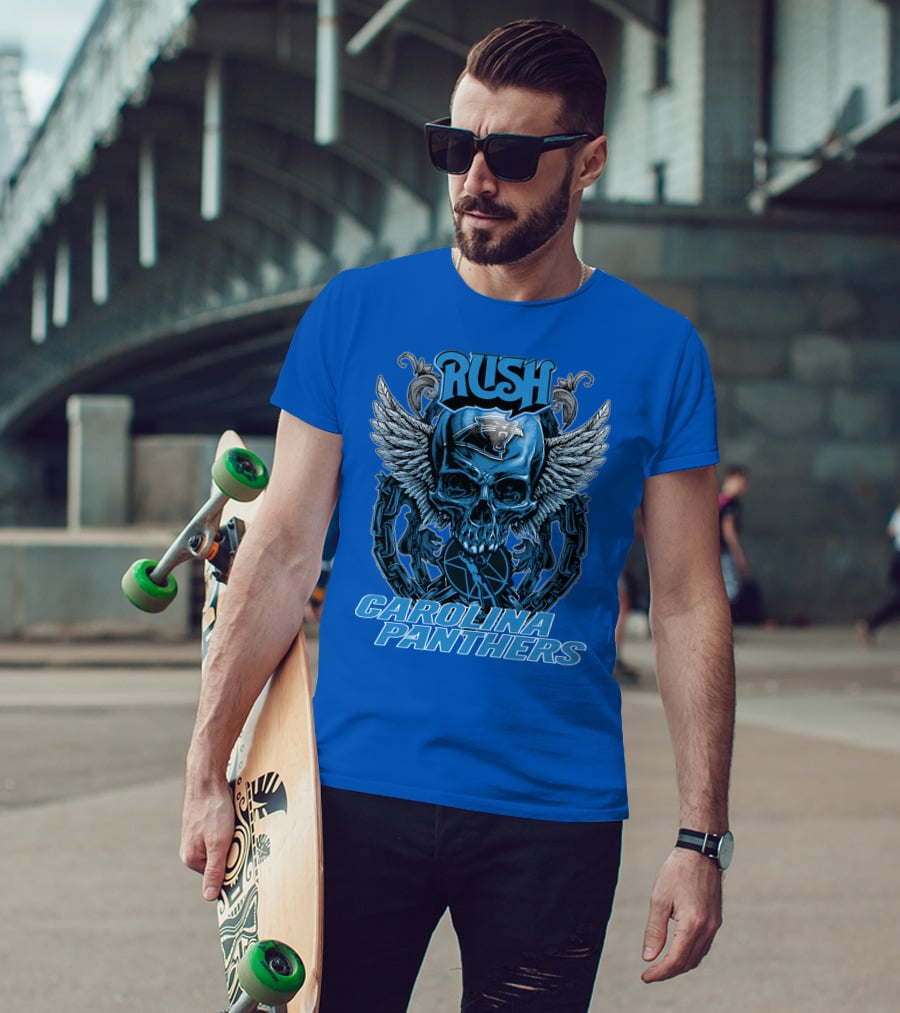 RUSH CAROLINA PANTHERS Skull Wings Helmet Chain T-Shirt